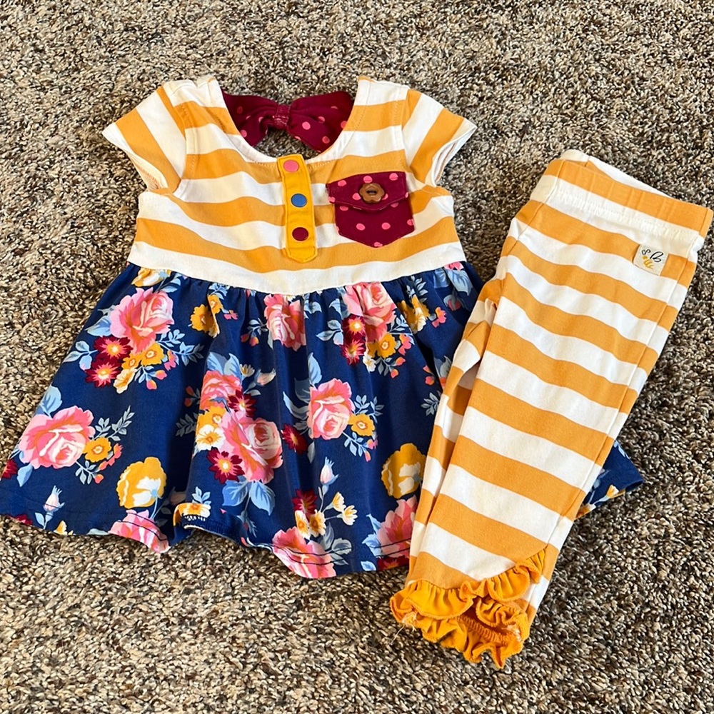 Wildflower outfit size 12 months mustard pink and blue.  Leggings and dress